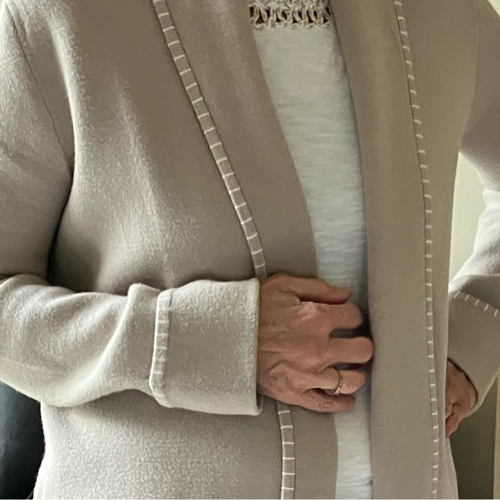 Magaschoni Tan “Coatigan” cuffed sleeves, pockets, machine washable - worn twice